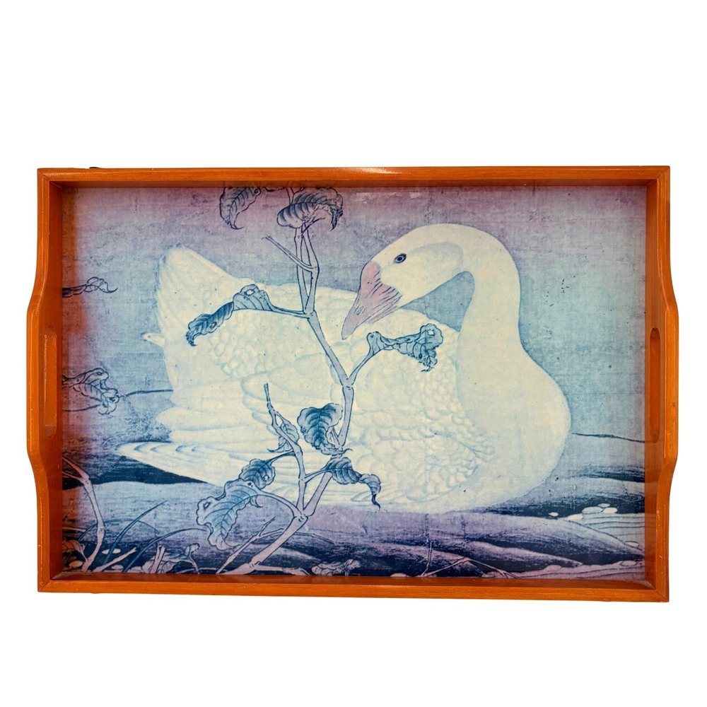 Vtg‎ MCM Wooden Swan Tray Oriental Wall Art w/ Hanger Blue Decor Cottagecore